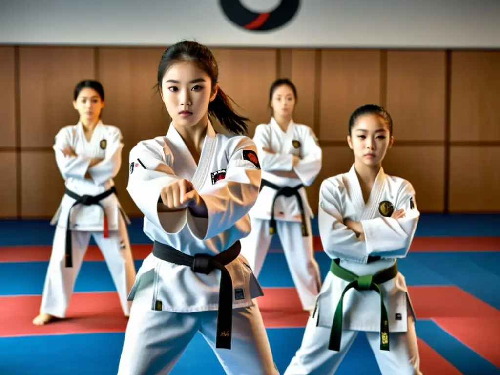 Grupo de adolescentes realiza rutina sincronizada de taekwondo en un dojo soleado, destacando los beneficios del taekwondo juvenil