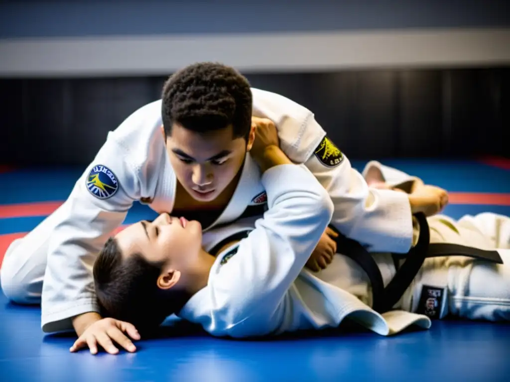 Un grupo de adolescentes seguros y enfocados practicando JiuJitsu Brasileño en un gimnasio iluminado