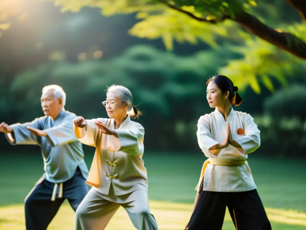 Grupo de adultos mayores practicando tai chi en un entorno natural, transmitiendo serenidad y fuerza interior