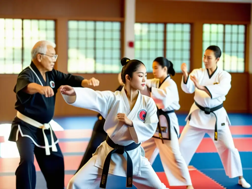 Grupo de adultos mayores practicando Taekwondo con determinación y compañerismo, disfrutando de los beneficios del taekwondo en la tercera edad