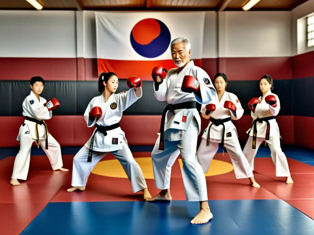 Grupo de adultos mayores practicando taekwondo con determinación y precisión en un dojo espacioso