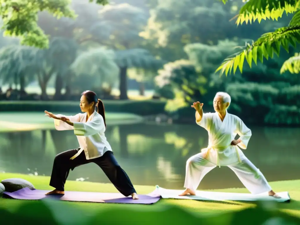 Un grupo de adultos mayores practica tai chi en un entorno sereno al aire libre, rodeado de vegetación exuberante y un estanque tranquilo