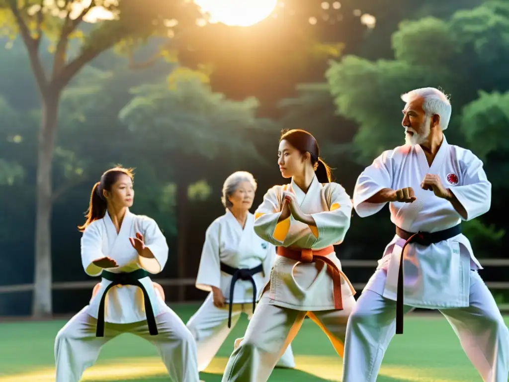 Un grupo de adultos mayores practican karate al aire libre, mostrando fuerza y determinación