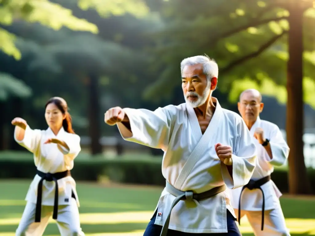 Un grupo de adultos mayores practicando karate en un parque sereno, mostrando fuerza y disciplina