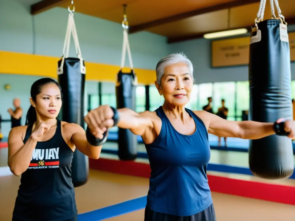 Un grupo de adultos mayores practica Muay Thai en un gimnasio espacioso y bien iluminado, guiados por un entrenador