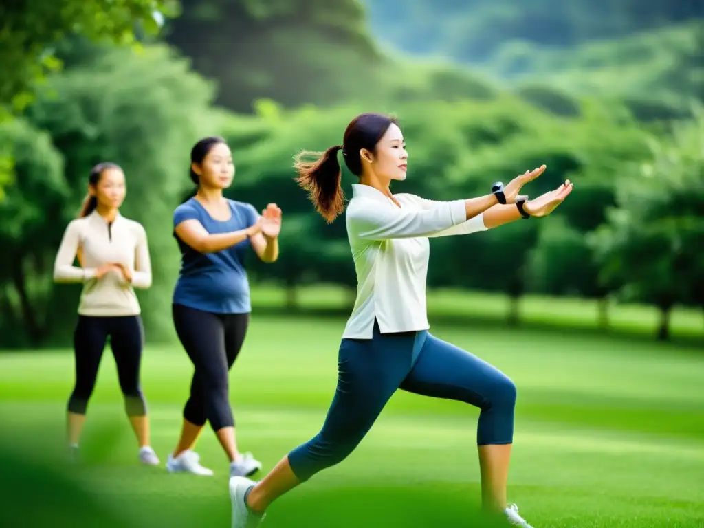 Un grupo se concentra en Tai Chi al aire libre, con wearables para mejorar Tai Chi, en un entorno sereno y armonioso