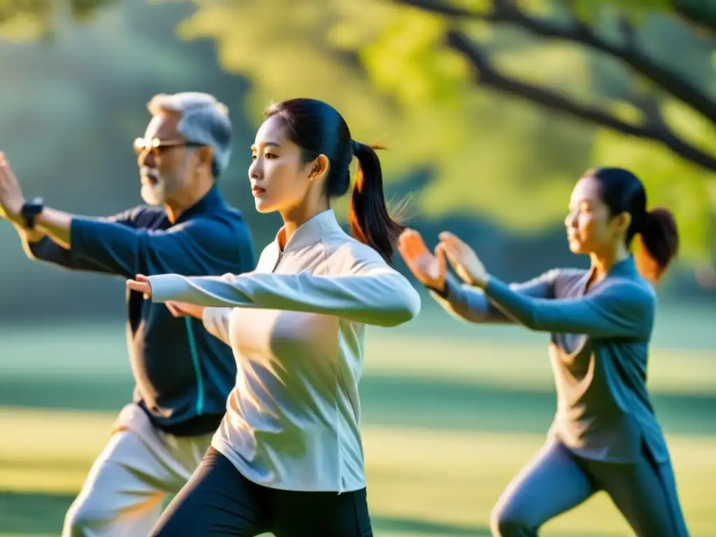 Grupo practicando Tai Chi al aire libre con wearables para mejorar Tai Chi, combinando tradición e innovación