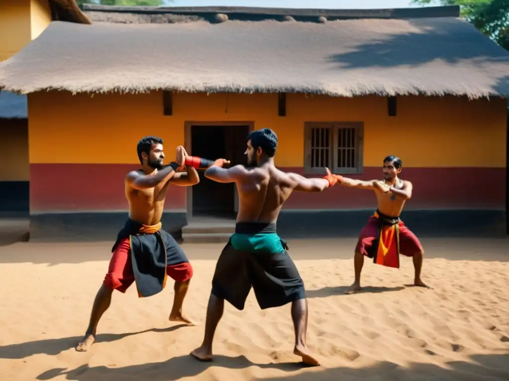 Un grupo practica Kalaripayattu en una aldea, exhibiendo fuerza, disciplina y unidad