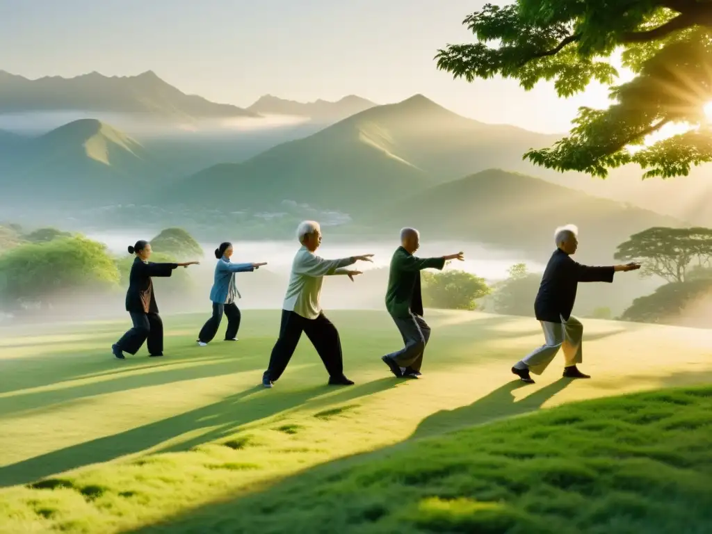 'Grupo de ancianos practicando Tai Chi al amanecer en un parque, transmitiendo armonía y serenidad, reflejando el impacto filosófico del Tai Chi