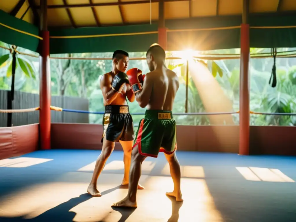 Un grupo de ancianos practicantes de Muay Thai entrenando con determinación en un gimnasio tradicional tailandés rodeado de exuberante vegetación