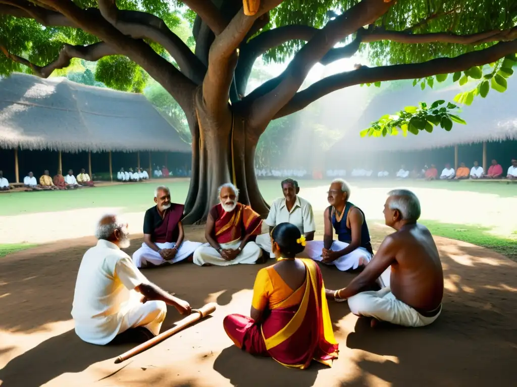 Un grupo de ancianos tamiles en atuendo tradicional juega Silambam bajo un árbol banyan