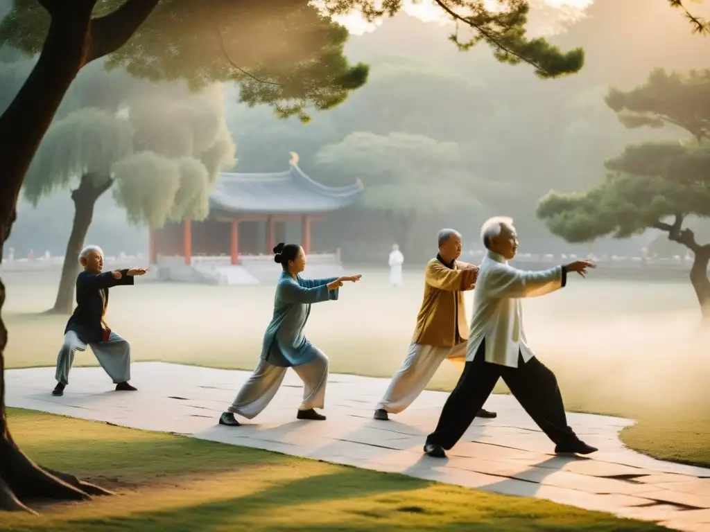 Un grupo de ancianos vestidos con ropa tradicional china practica Tai Chi al amanecer en un parque sereno y brumoso