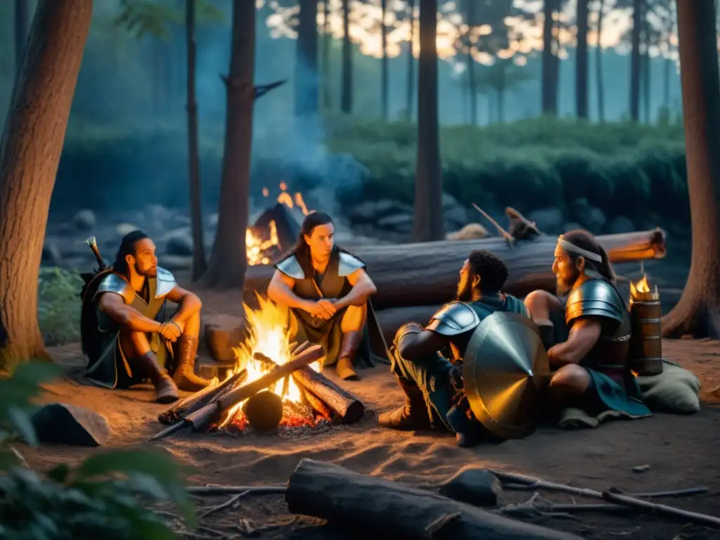 Un grupo de antiguos guerreros descansando alrededor de una fogata en el bosque, demostrando la importancia del descanso para guerreros