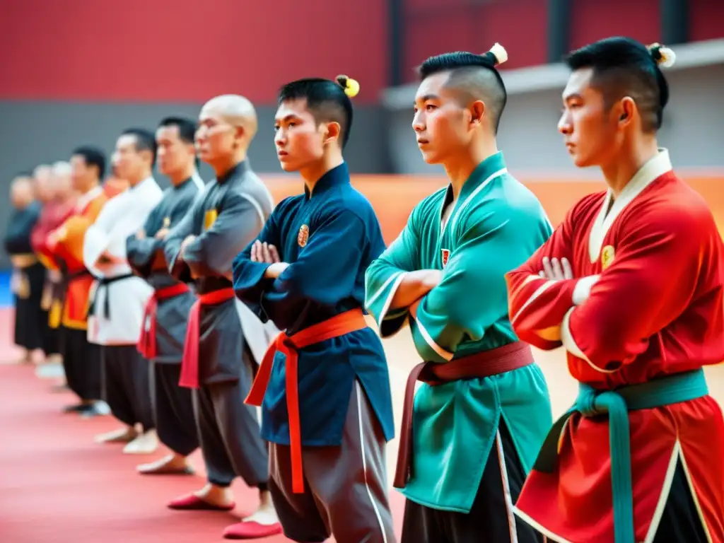 Un grupo de árbitros de kung fu en trajes tradicionales chinos observando una competición con intensidad