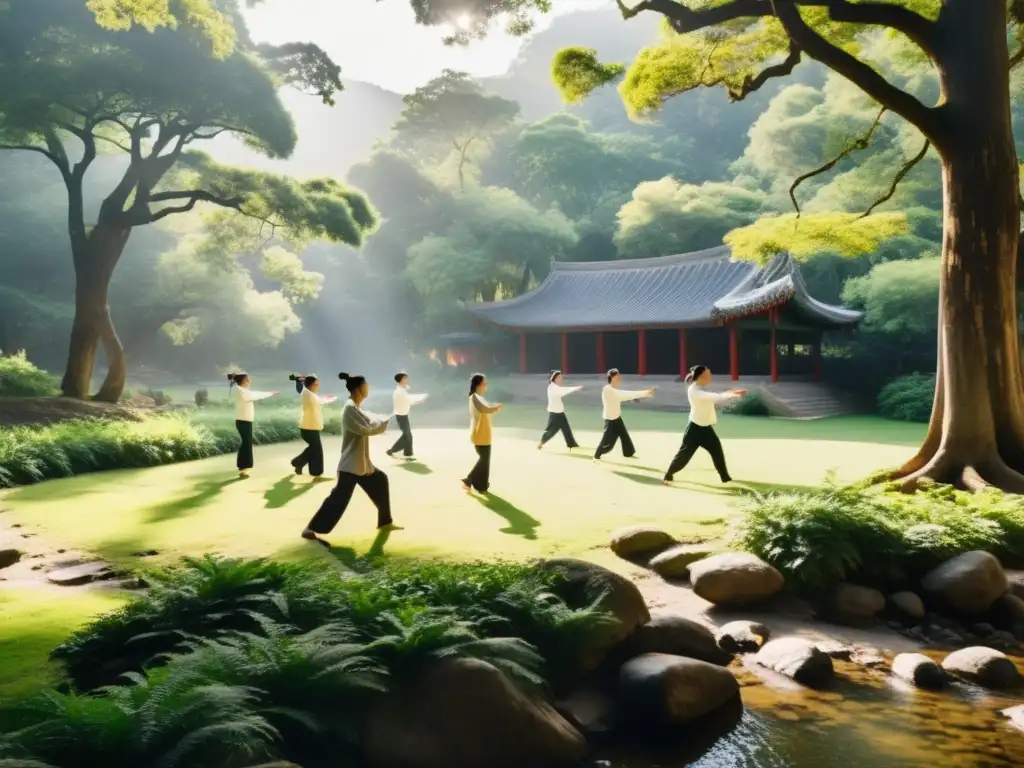 Grupo en armonía practicando Qi Gong en un bosque sereno, conectados con la naturaleza