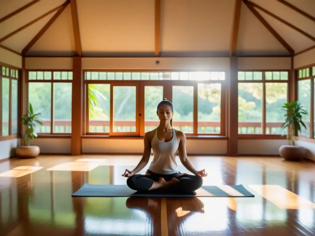 Grupo en armoniosa práctica de yoga y artes marciales, transmitiendo paz y conciencia en estudio iluminado por la mañana