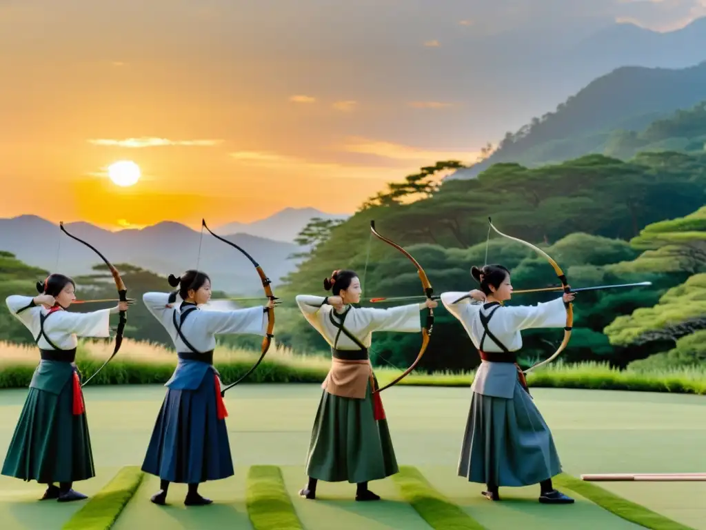Grupo de arqueros de kyudo en un paisaje sereno, vistiendo atuendos tradicionales japoneses y practicando tiro con arco al atardecer