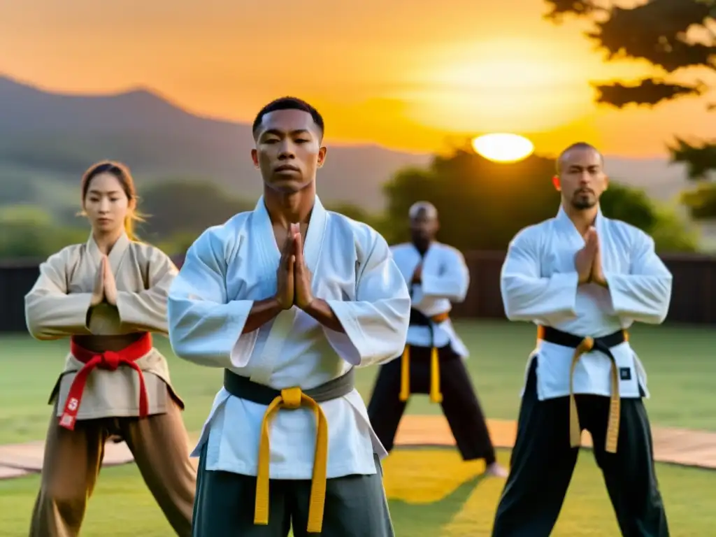 Grupo practicando artes marciales y mindfulness al atardecer, en armonía con la naturaleza