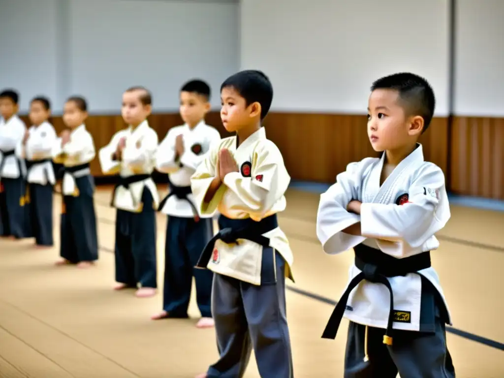 Un grupo de niños practica artes marciales en un dojo, transmitiendo disciplina y concentración para inscripción competencias artes marciales niños