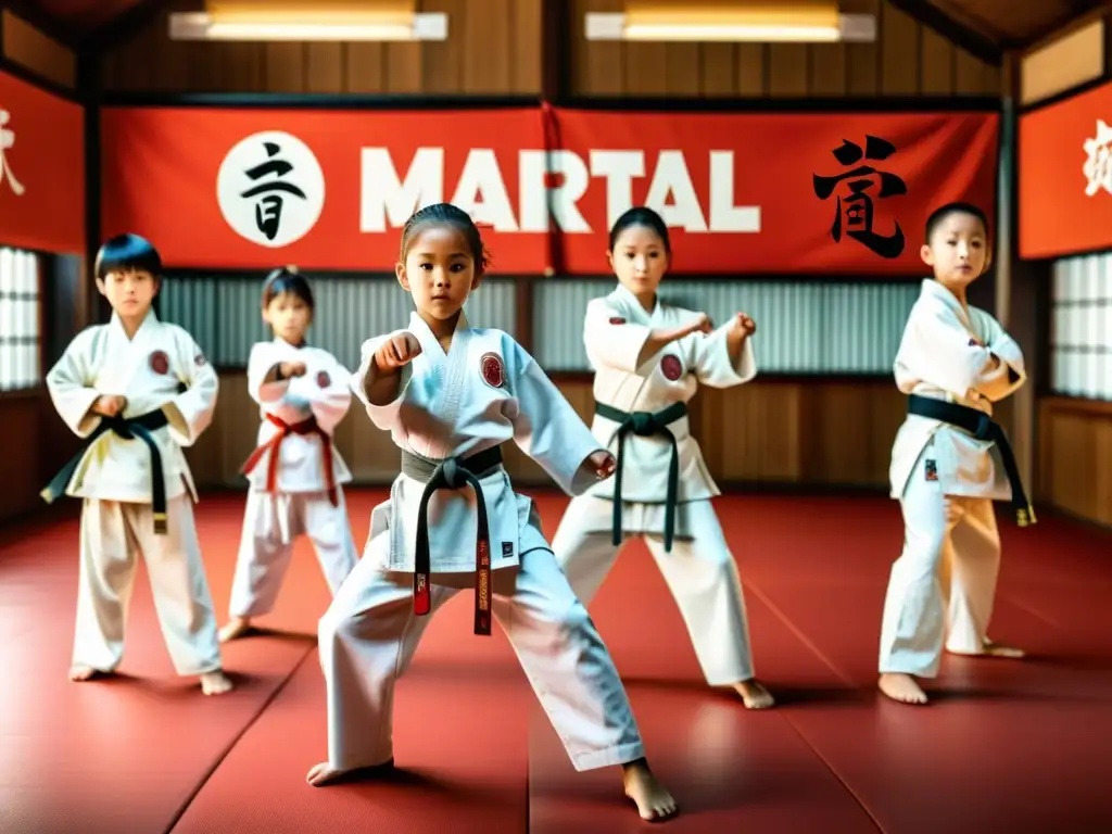 Un grupo de niños practica artes marciales en un dojo iluminado, siguiendo las indicaciones del instructor