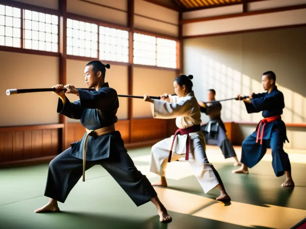 Grupo practicando artes marciales en un dojo iluminado por luz natural, con armas tradicionales y equipo de entrenamiento