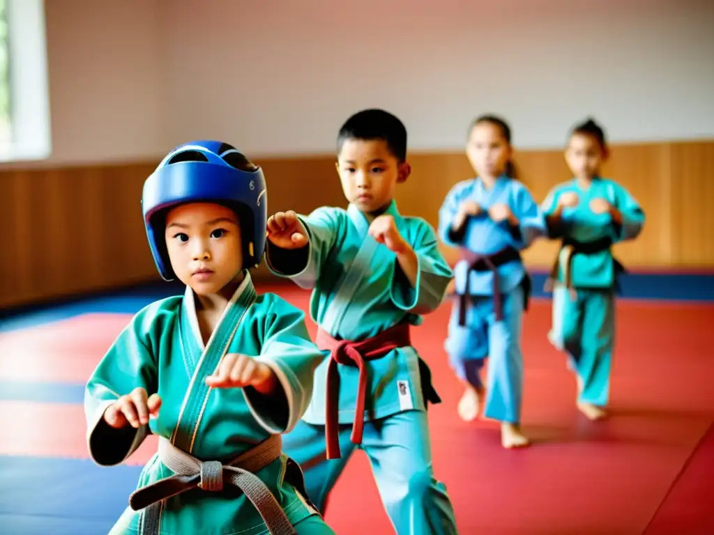 Un grupo de niños practica artes marciales con equipo de seguridad en un dojo espacioso y bien iluminado, mostrando determinación y enfoque