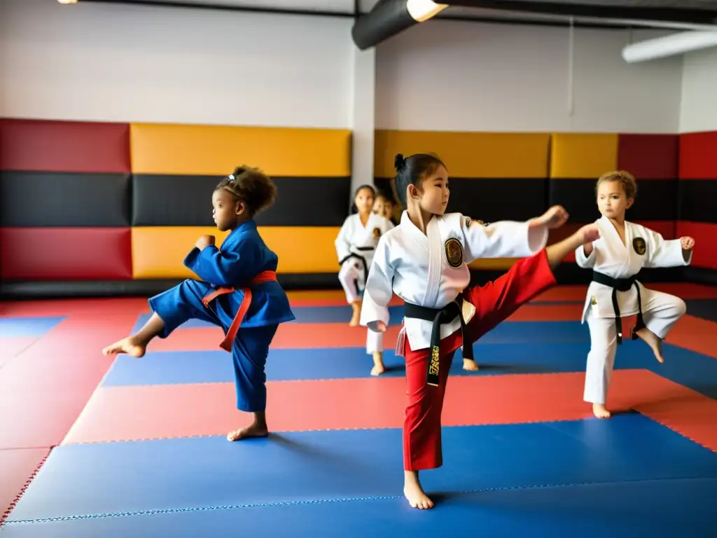 Un grupo de niños practica artes marciales con determinación en un estudio espacioso y bien iluminado