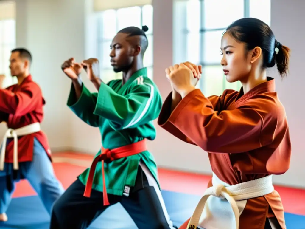 Grupo practicando artes marciales en estudio luminoso, expresiones determinadas y movimientos precisos