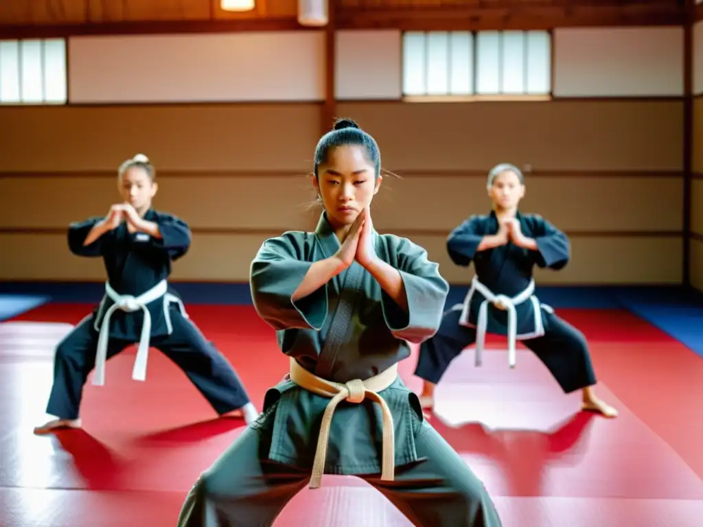 Grupo practica artes marciales, desde niños a adultos, en dojo tradicional