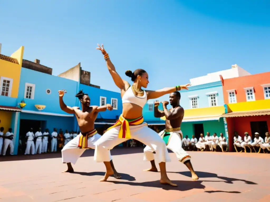 Un grupo de artistas de capoeira en plena acción en una plaza vibrante, con edificios coloridos y un cielo azul claro