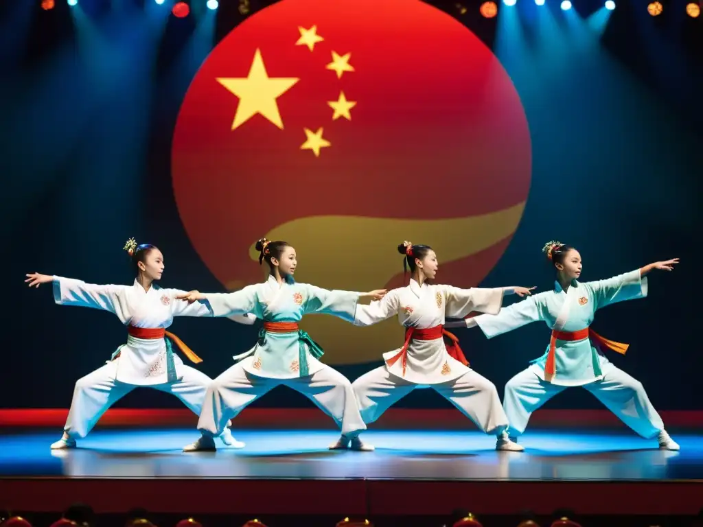 Grupo de artistas de Wushu en el escenario mundial, deslumbrando con su destreza y gracia en movimiento