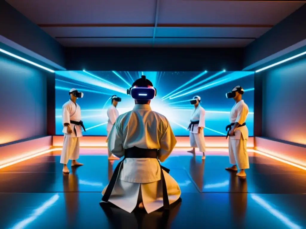 Grupo de artistas marciales practican Aikido en un dojo virtual futurista con hologramas, en el metaverso