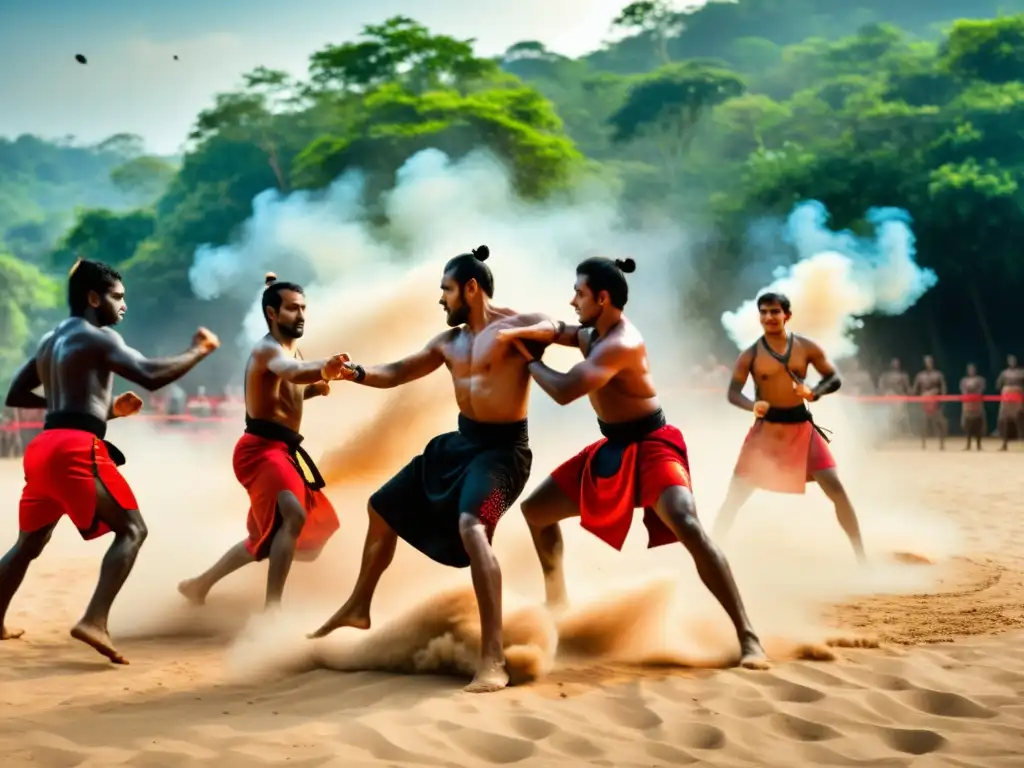 Grupo de artistas marciales practicando Kalaripayattu en un antiguo campo de entrenamiento