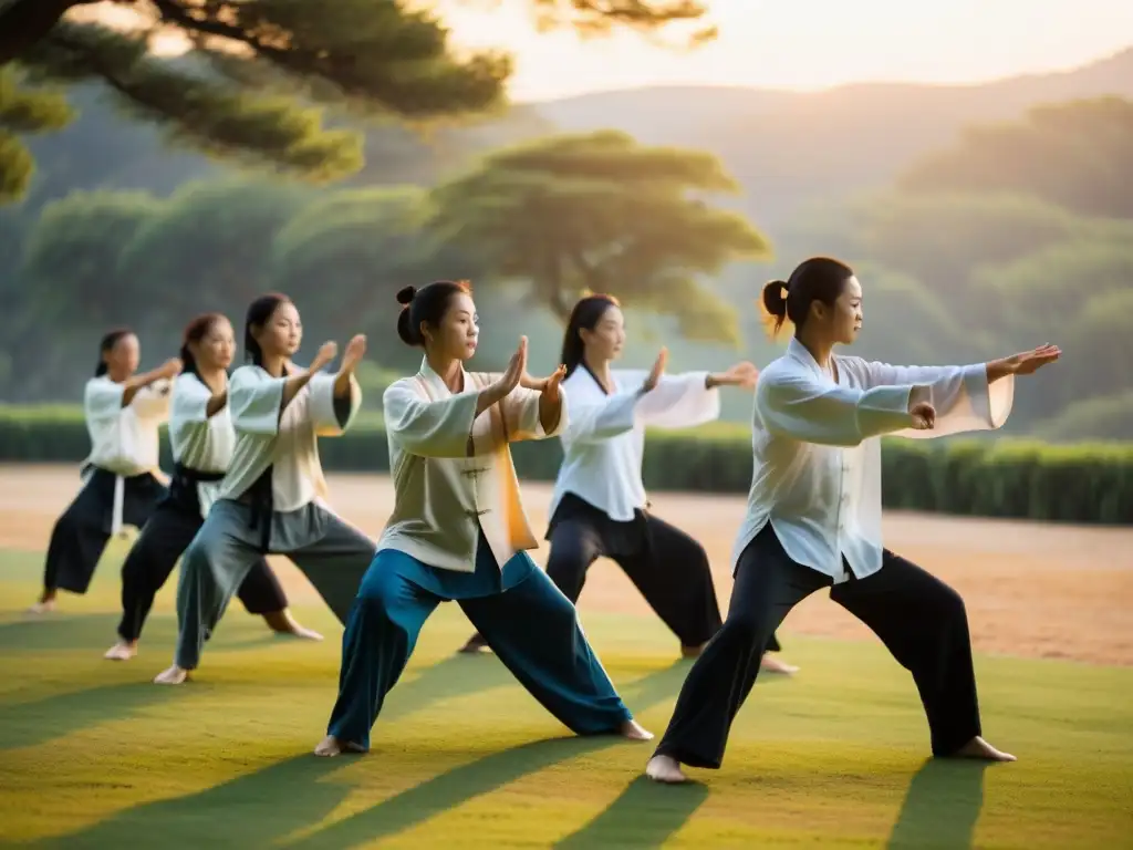 Un grupo de artistas marciales practicando Qi Gong al atardecer, movimientos fluidos y gráciles en sintonía con la energía interna