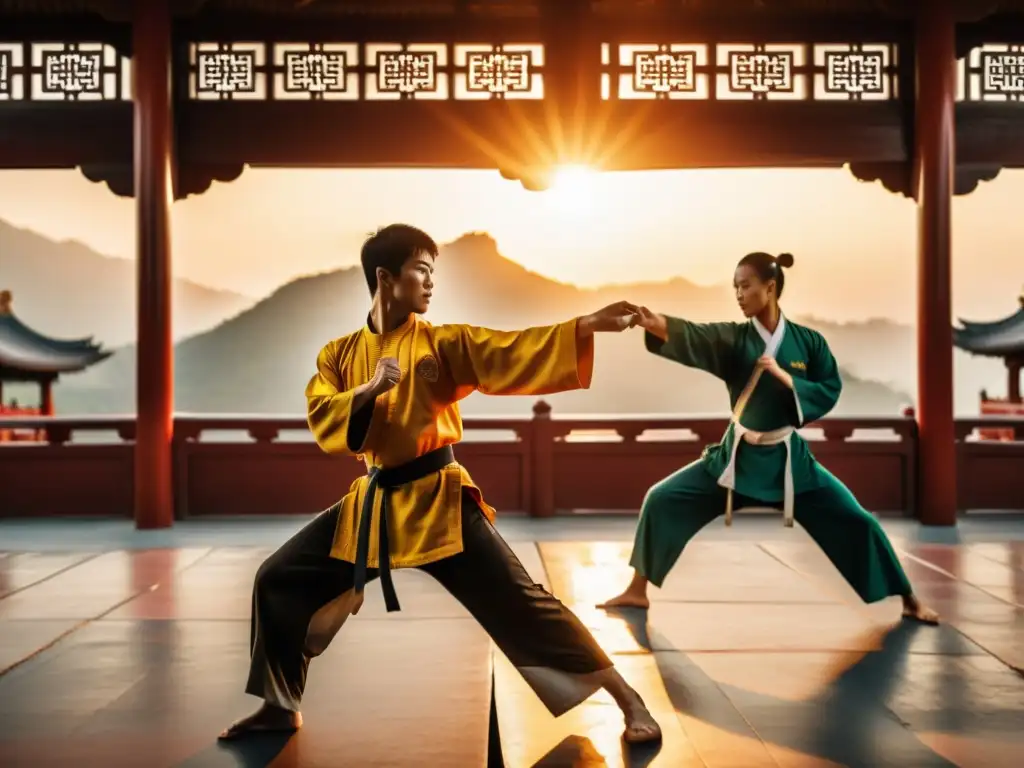 Grupo de artistas marciales entrenando al atardecer en un templo chino, capturando el legado de Bruce Lee en artes marciales