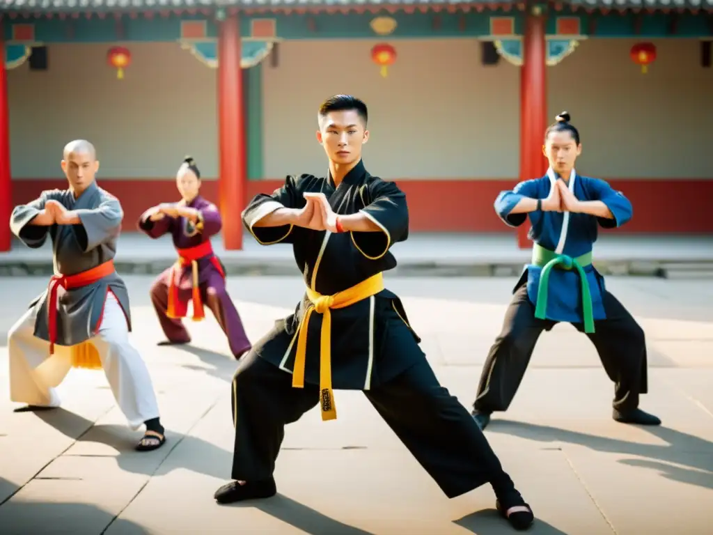 Un grupo de artistas marciales en atuendo tradicional de kung fu muestra una variedad de suplementos para complementar su entrenamiento