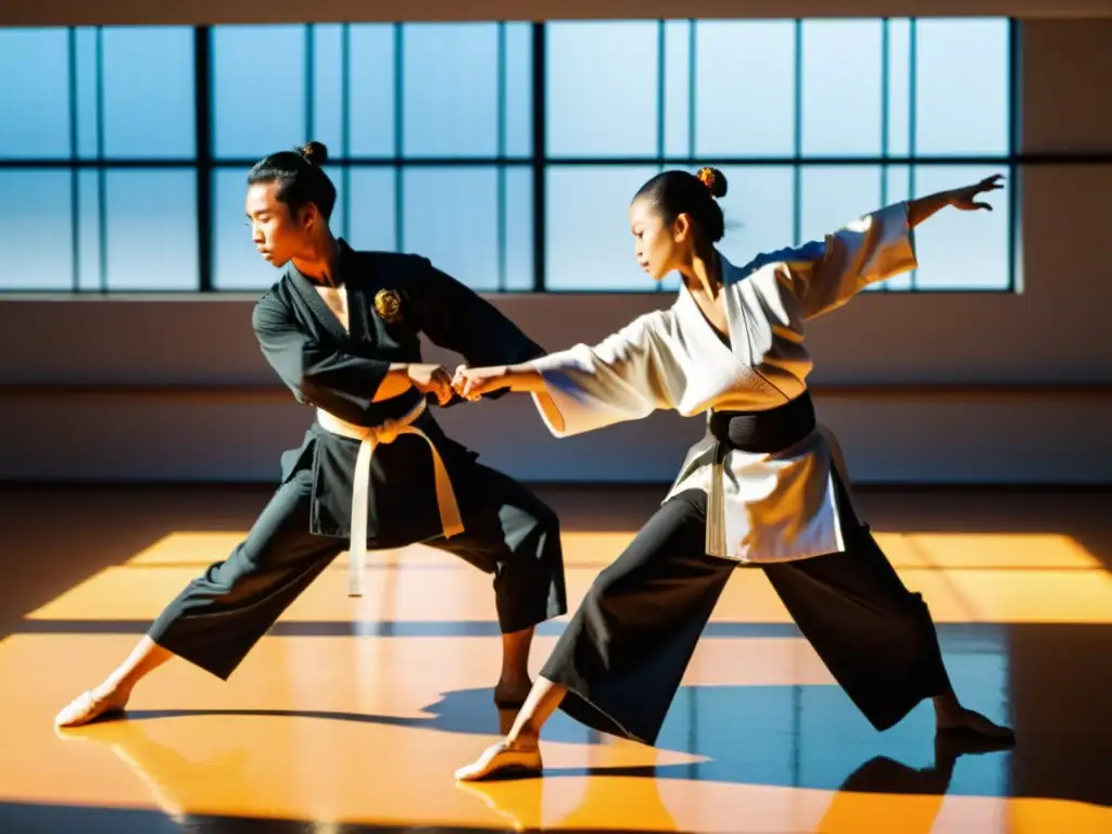 Grupo de artistas marciales y bailarines fusionando gracia y fuerza en un estudio soleado, encarnando la filosofía común artes marciales danza