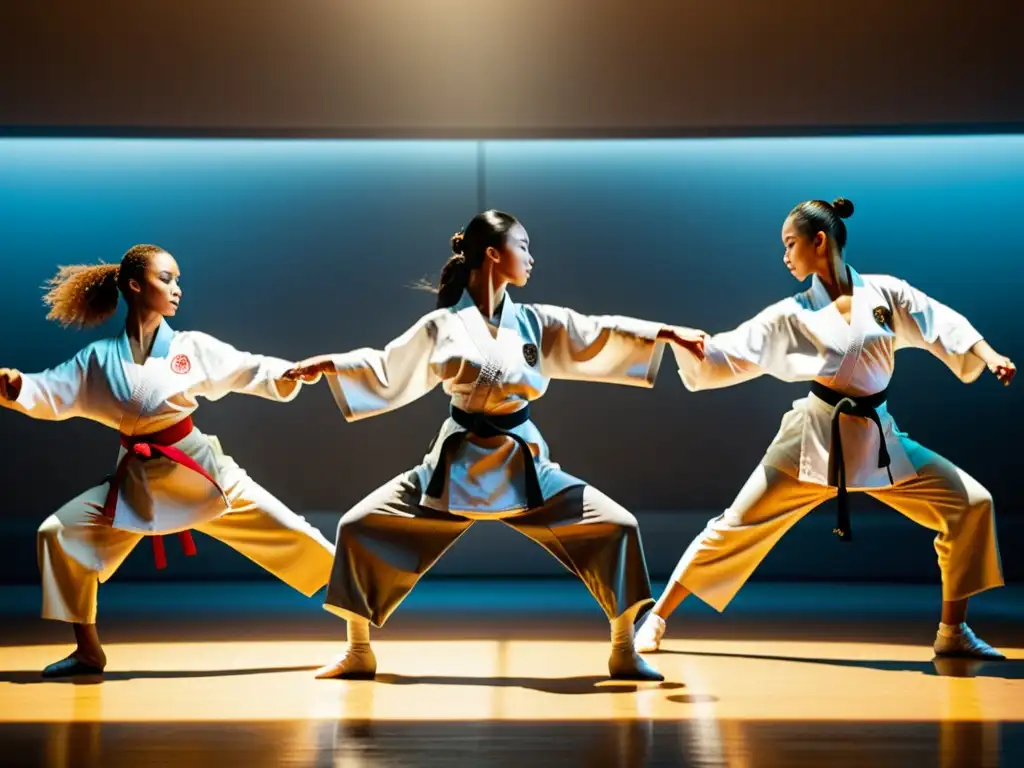 Un grupo de artistas marciales y bailarines ejecutando movimientos sincronizados en un estudio iluminado por el sol, destacando la filosofía común entre las artes marciales y la danza