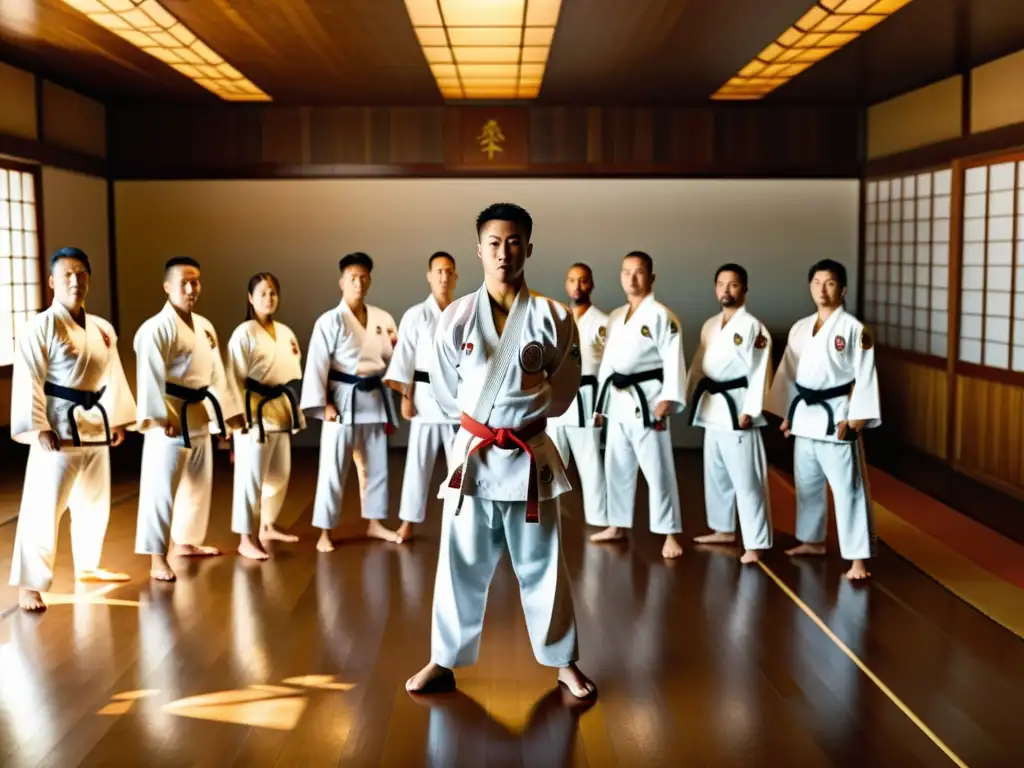 Grupo de artistas marciales en gi blanco en un dojo iluminado por el sol, mostrando la importancia de la ropa en el entrenamiento de artes marciales