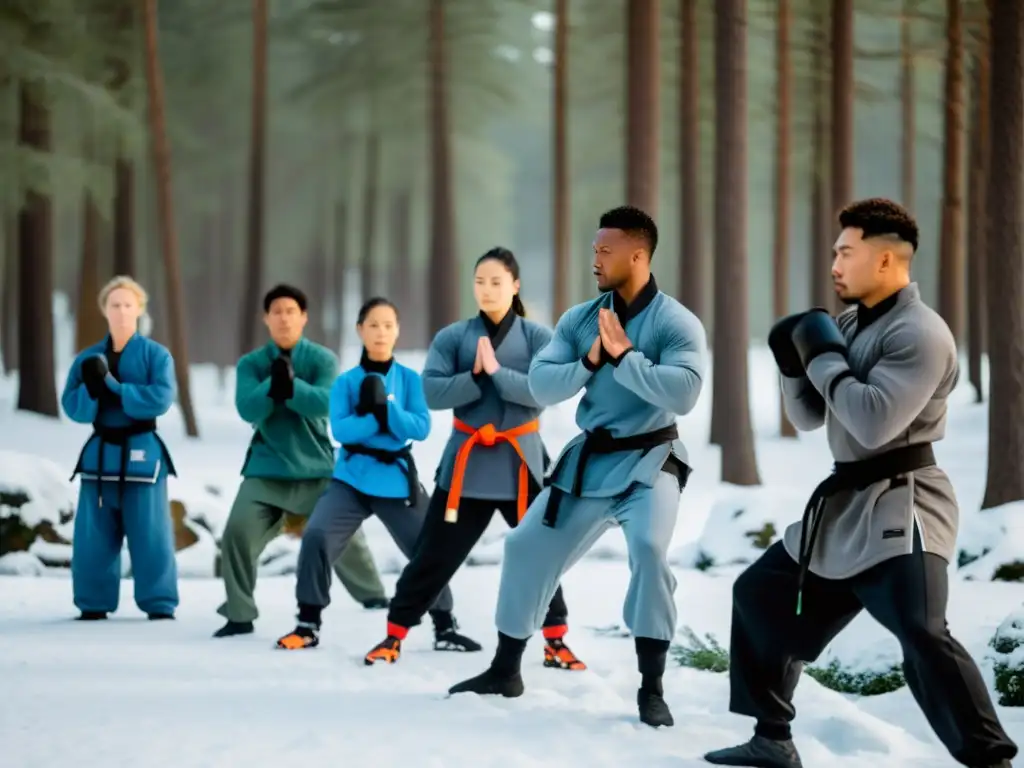 Un grupo de artistas marciales practica en un bosque nevado, destacando la efectividad de las mejores capas térmicas para artes marciales