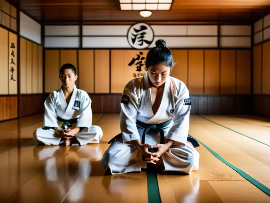 Un grupo de artistas marciales brasileños y japoneses se entrenan con intensidad en un dojo tradicional