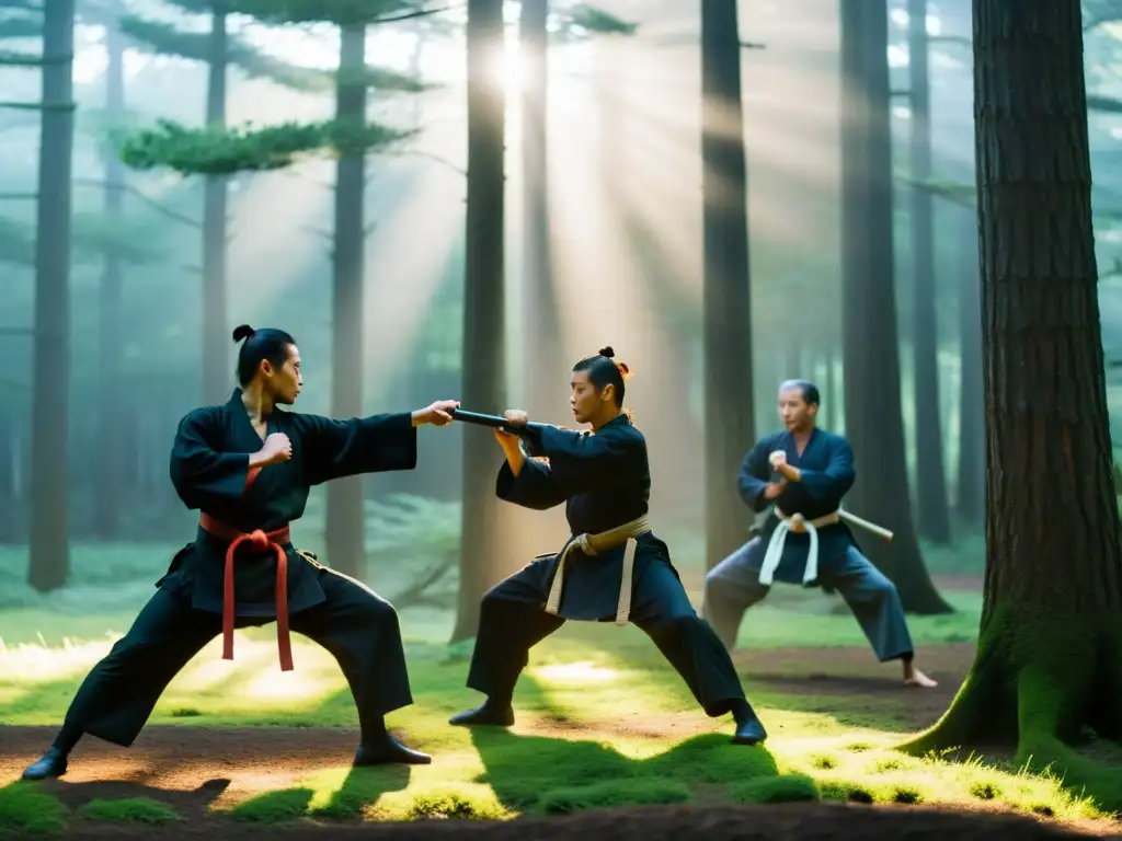 Grupo de artistas marciales practicando Bujinkan Ninjutsu en un claro del bosque neblinoso al amanecer, transmitiendo serenidad y concentración