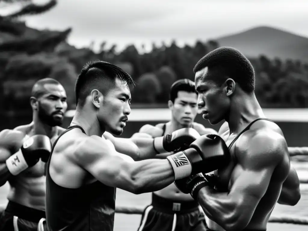 Grupo de artistas marciales entrenando en un campamento de Jeet Kune Do, mostrando unidad y determinación en un entorno natural sereno