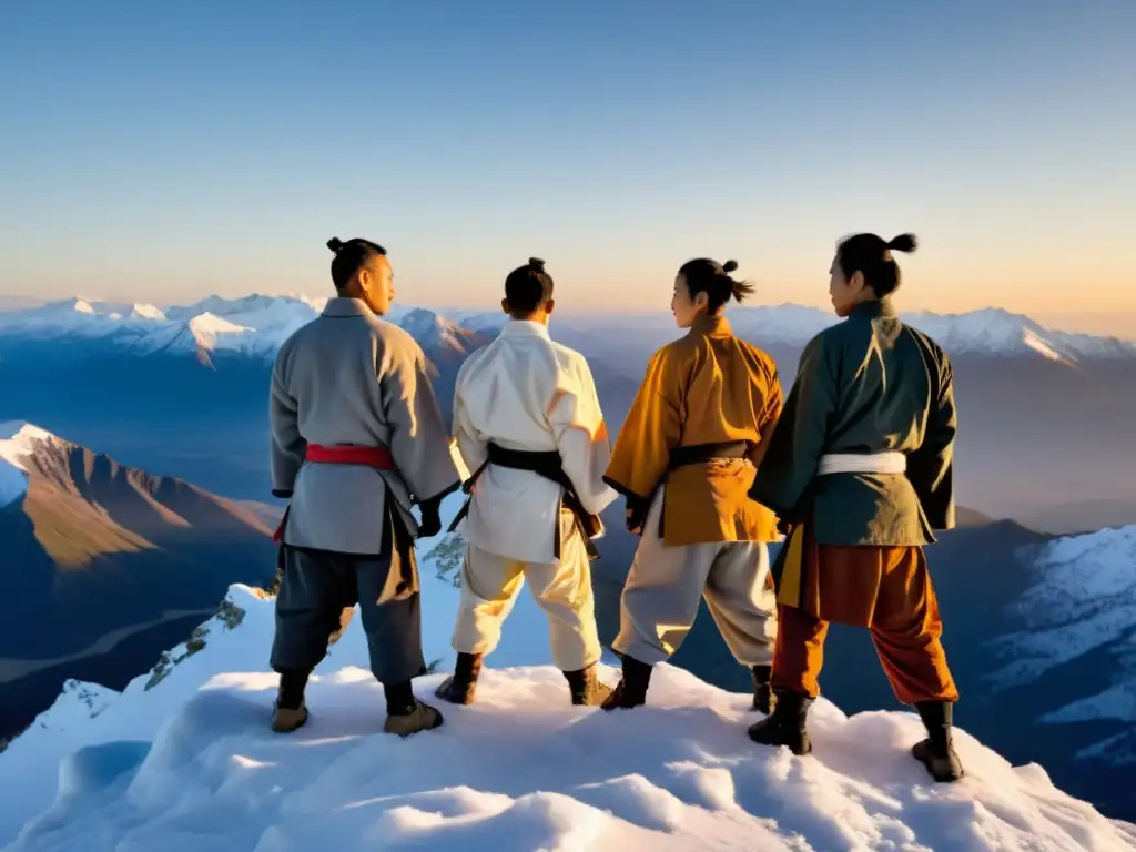 Grupo de artistas marciales en la cima nevada, unidos y determinados, con el sol saliendo detrás