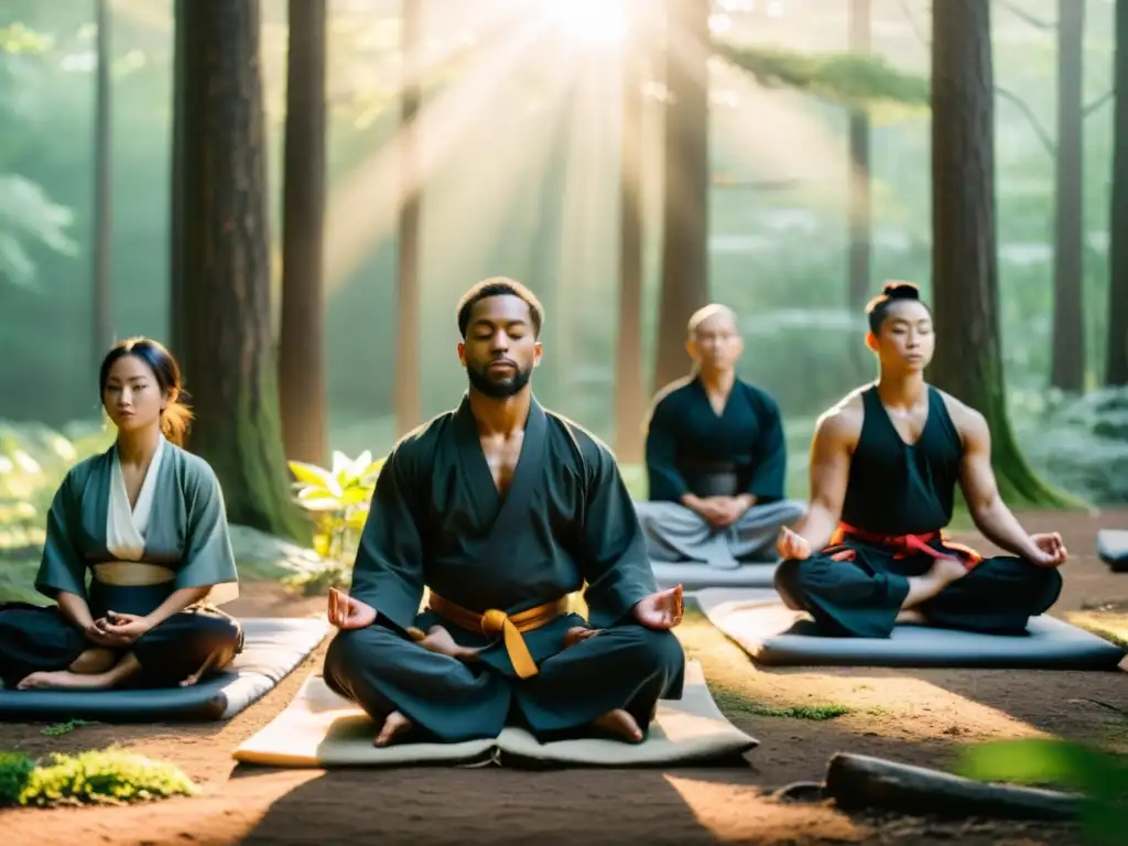 Un grupo de artistas marciales medita en un claro boscoso al amanecer, con un aura de paz