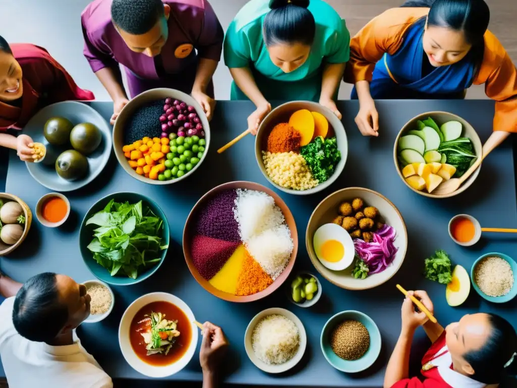 Grupo de artistas marciales disfrutan de una colorida comida, reflejando la importancia de las dietas tradicionales en las artes marciales