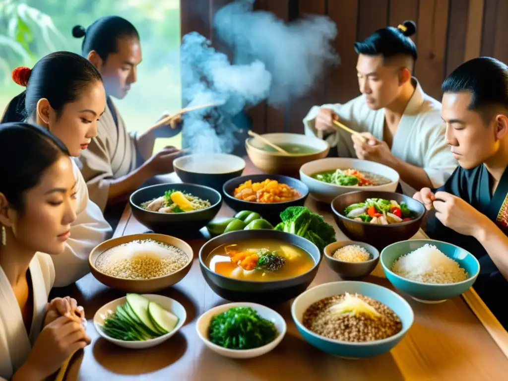 Grupo de artistas marciales disfrutando de comidas tradicionales para entrenamiento marcial en una mesa iluminada por faroles