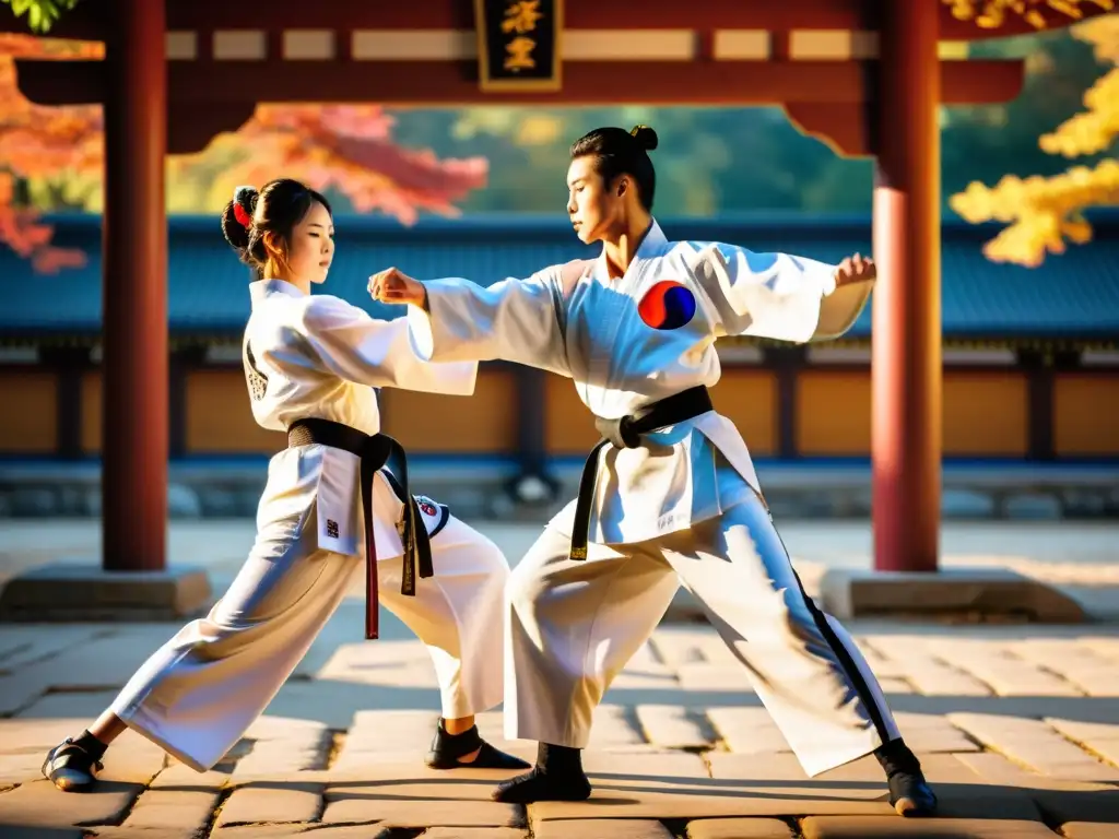 Un grupo de artistas marciales coreanos en doboks tradicionales realizando formas intrincadas de taekwondo en un patio histórico, con un follaje otoñal vibrante y el cálido resplandor del sol poniente que proyecta largas sombras dramáticas