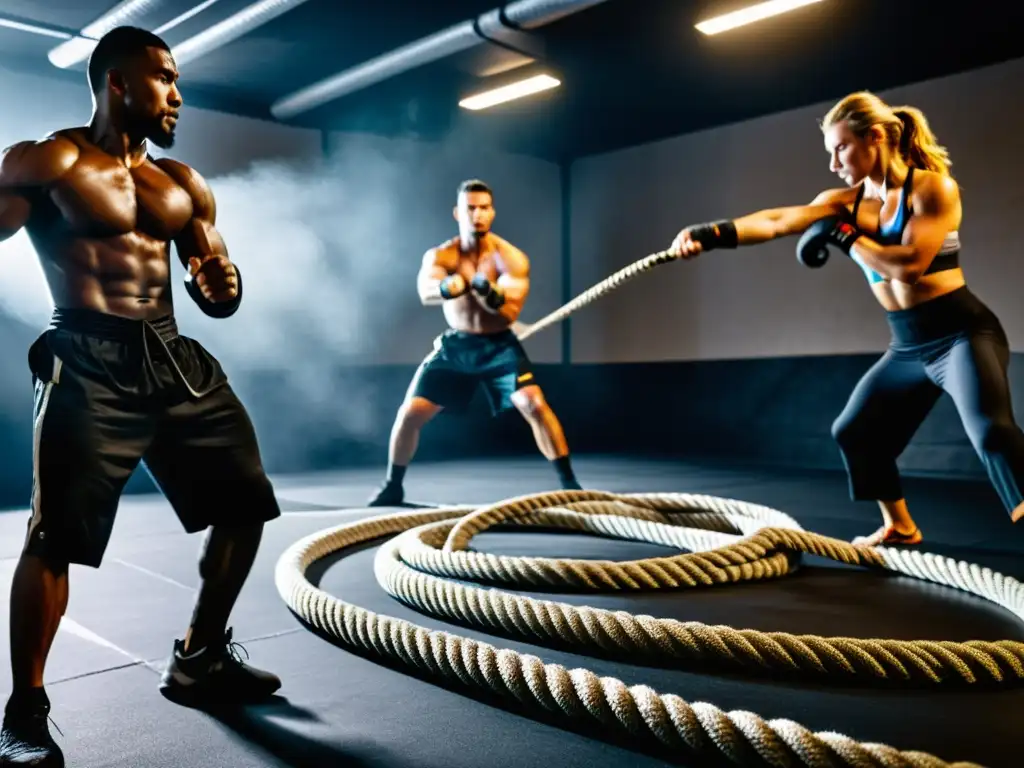 Un grupo de artistas marciales entrenando con cuerdas de batalla en un espacio oscuro, mostrando fuerza y determinación