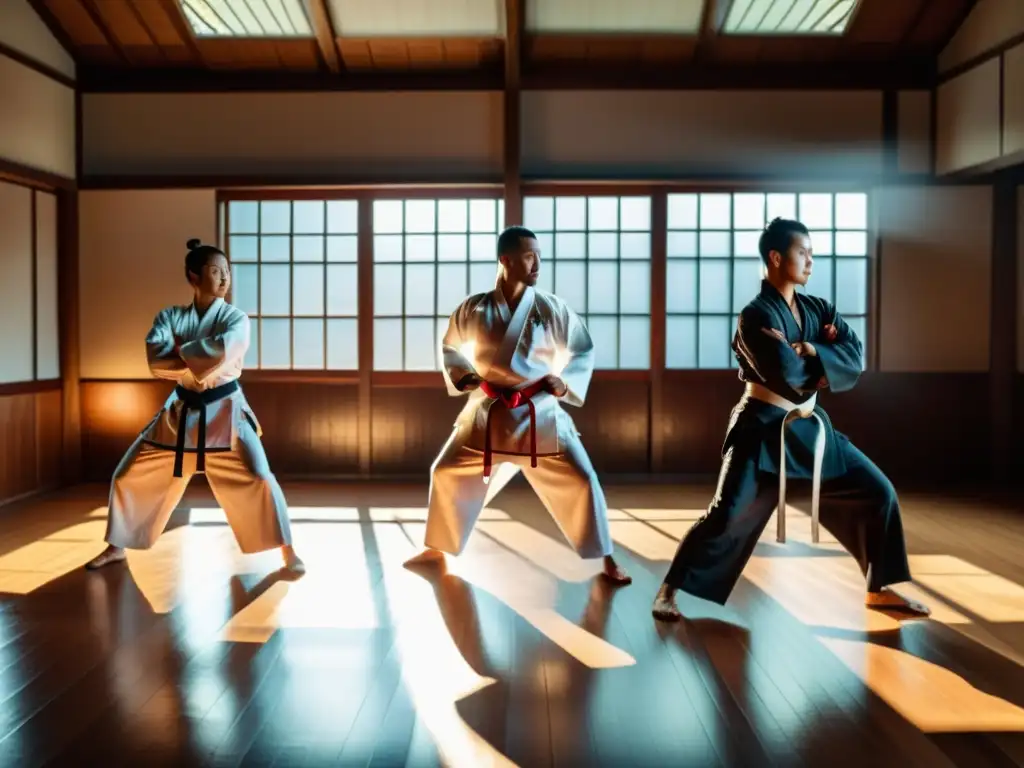 Un grupo de artistas marciales de diferentes culturas, vistiendo trajes tradicionales de entrenamiento, practicando en un dojo con luz solar, reflejando estilos de ropa de entrenamiento únicos y técnicas de artes marciales